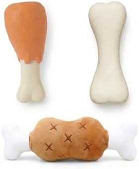 3 Pack Squeaky Dog Toy Bundle, Realistic Chicken Drumstick & Bone Latex Chews with Plush Meat Steak, Interactive Water-Resistant Dog Toys for Small to Medium Dogs, Puppies