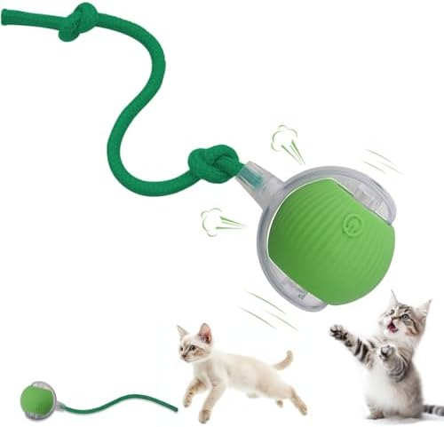 Interactive Cat Dog Toy Ball: Indoor Automatic Moving Smart Rolling Fun Pet Game with Led Light and Tail for Motion Activated, Kitten Puppy Present, Chase Exercise, Hunting Simulation-Upgrade (Green)
