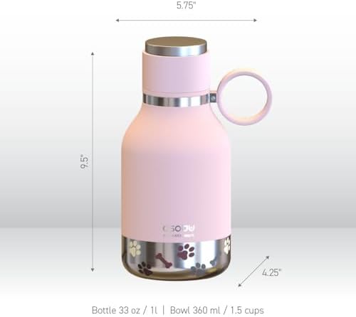 asobu Buddy Bottle, a Stainless Steel Insulated Water Bottle with Removable Dog Water Bowl and Dog Food and Treat Storage (Pink, 37 Oz)