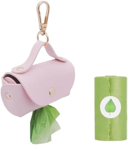Leather Poop Bag Holder Dispenser for Leash, Portable and Reusable Dog Poop Dispenser, Dog Bag Holder for Walking, Outdoor, Travelling (Pink)