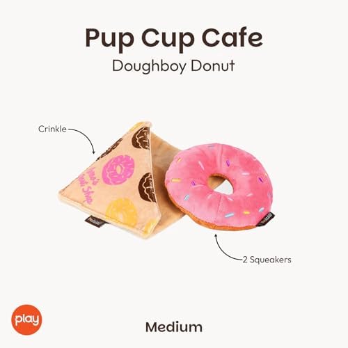 P.L.A.Y. Cute Plush Dog Toys - Coffee Shop Food Themed Durable Squeaker Chew Toy for Medium & Large Dogs - Machine Washable, Recycled Materials (Pup Cup Cafe Doughboy Donut, Medium)