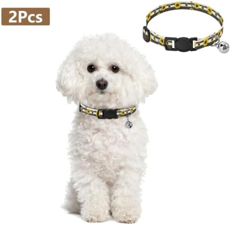 2 Pack Kitten Collars Yellow Sunflowers Striped Kitten Collar with Bell, Adjustable Length 10.6" to 17.1"