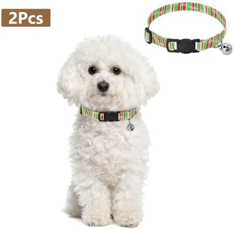 Vertical Stripes Green Collars for Puppies, 2 Pack Collar with Bell for Dog Puppy