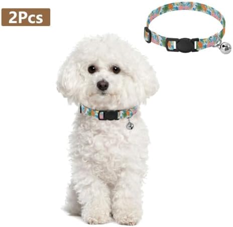 2 Pack Puppy Collar Koi Fish Flowers Blue Cat Collar with Bell, Adjustable Length 10.6" to 17.1"