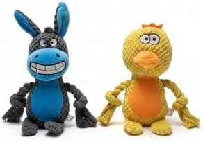 2 Pack Squeaky Dog Toys, Stuffed Animal Dog Plush Chewing Toy, Cotton Rope Interactive Toys for Puppy, Small, Middle Dogs (Donkey+ Chicken)