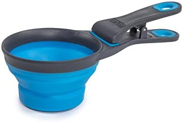 Dexas Popware for Pets Collapsible Klip Scoop, 3-in-1 Pet Food Scoop, Measuring Cup and Bag Clip, 1 Cup Capacity, Pro Blue