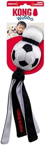 KONG Wubba Sport Dog Toy – Reinforced Tug & Toss Toy with Squeaker and Floppy Tails for Fetch & Interactive Play (Soccer, Large)