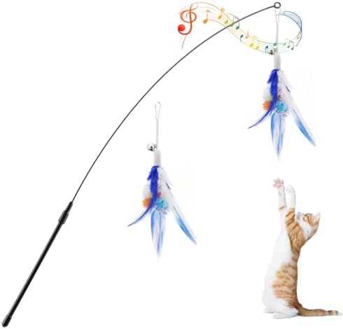 Pawaboo Cat Feather Wand Interactive Toy, 2 Feathers + 1 Wand with Bell