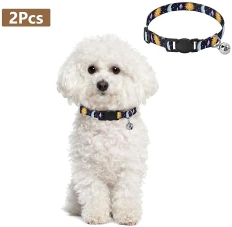 2 Pack Small Dog Collar Moon Sun Navy Dog Bell Collar, Adjustable Length 10.6" to 17.1"