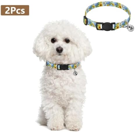 2 Pack Puppy Collar Yellow Sunflowers with Bell for Dog Puppy, Adjustable 10.6 to 17.1 Inches