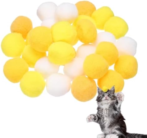 Cat Toy Pom Ball, Interactive Cat Ball Toys Fuzzy Pompoms (Plush, 1.2Inch, 30Pcs, Yellow Tones) for Kittens Pet Enrichment Training Play Indoor