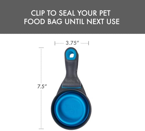 Dexas Popware for Pets Collapsible Klip Scoop, 3-in-1 Pet Food Scoop, Measuring Cup and Bag Clip, 1 Cup Capacity, Pro Blue (Pack of 6)
