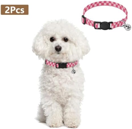 Pink Checkerboard Squares Collars for Cats, 2 Pack Decorative Pet Collar with Bell