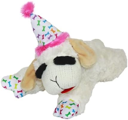 Multipet Lamb Chop Dog Plush Toy w/Birthday Hat - Squeaky Toy for All Dogs - Soft Plush - Stuffed Animal Dog Toys for Playing - Cute Birthday Toy (10.5”, Pink Hat, 5 Squeakers)