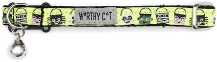 THE WORTHY DOG Halloween Patterns, Breakaway Cat Collar with Bell, Lime