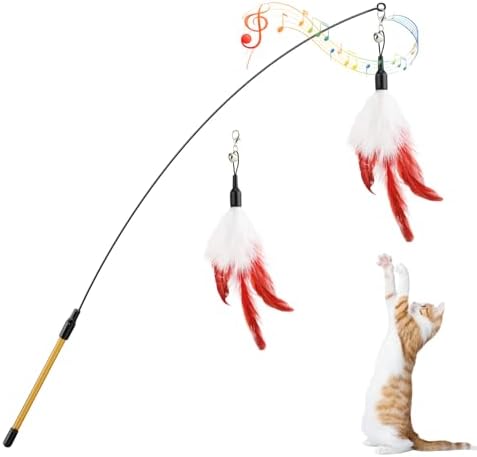 Pawaboo Cat Feather Wand Interactive Toy, 2 Feathers + 1 Wand with Bell