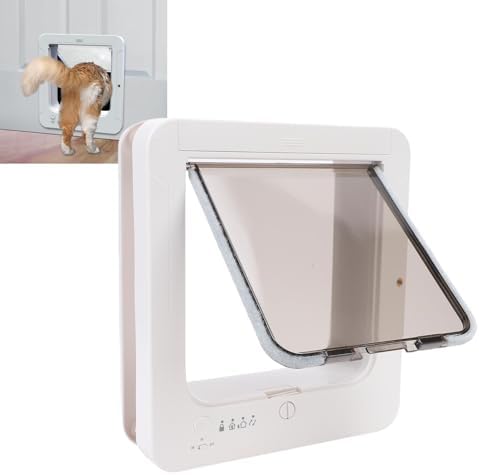 Jiawu Smart Cat Door for Interior & Exterior, Collar Activated Dog Flap Door, 4 Way Locking, Automatic Pet Door with 2 Collars, Pet Doors for Window, Wall, Fence