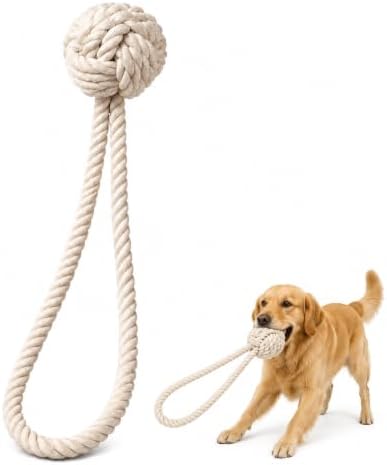 Cotton Dog Rope Toy with Ball – 20" Tug Toy for Medium & Large Dogs, Strong & Durable for Tug-of-War, Outdoor Interactive Play & Teeth Cleaning, White