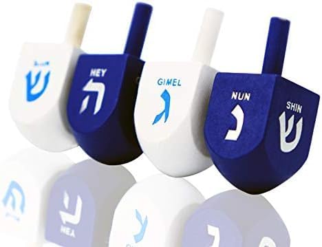 The Dreidel Company Wood Dreidel Bulk Solid Blue & White Wooden Hanukkah Dreidels Hand Painted with English Transliteration- Includes Game Instruction Cards (200-Pack)