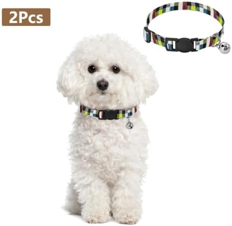 Black White Checkered Dog Collar with Bell 2 Pack Kitten Collars Adjustable 10.6 to 17.1 Inches