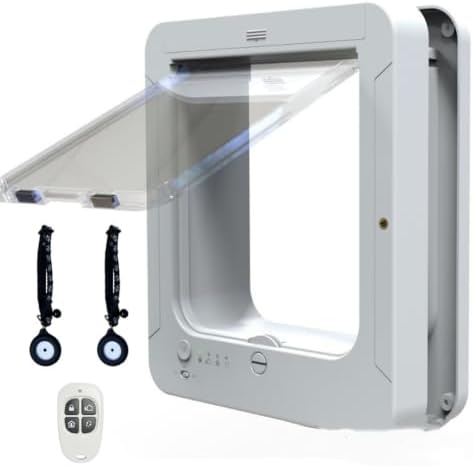 Remote Control Automatic Pet Door, Microchip Cat Flap, 11.73"x10.35", 4-Way Locking,for Windows Walls Doors (Black) White