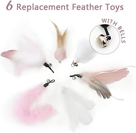 SONGWAY Interactive Cat Feather Toy Set - Retractable Teaser Wand with 6 Pcs Feather Refills with Bell, Cat Wand Toys for Indoor Cats Kittens Play Chase Exercise, Light Pink