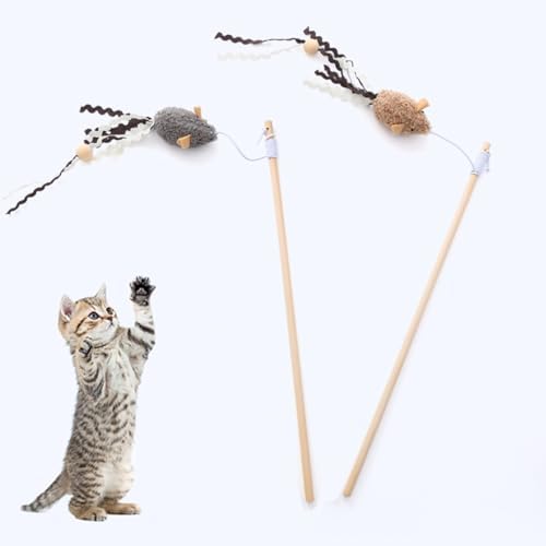2 Pack of Cat Wand Toy Wood Cat Wand Mouse Toys with Catnip Interactive Kitten Toys for Indoor Cats