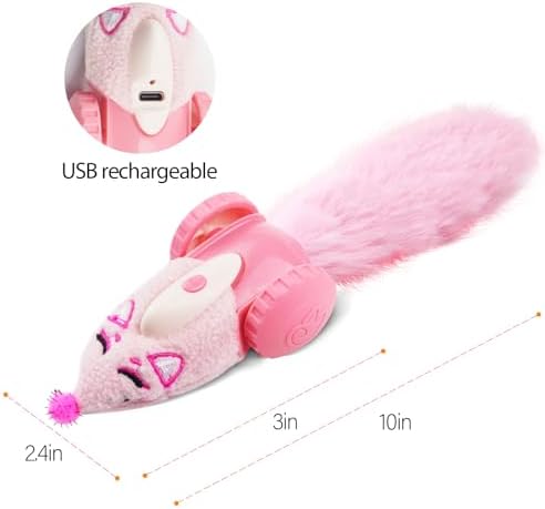 Migipaws Automatic Cat Toys, Plush Cat Mouse Toy, Interactive Toy for Indoor Cats, Smart Moving Kitten Toy, Rechargeable (Pink)