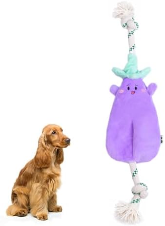 Green Sheep Interactive Plush Dog Toy, No Stuffing Squeaky Toy with Recycled Cotton Rope for Medium to Large Dogs, Chew Toy, Aubergine