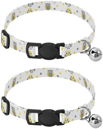 Cute Cartoon Owls Yellow Lightweight Small Dog Collar, 2 Pack Dog Collar with Bell