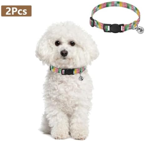 2 Pack Pet Collars Plaid Tartan Squares Colorful Decorative Pet Collar with Bell, Adjustable Length 10.6" to 17.1"