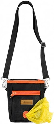 Dog Treat Pouch for Training and Walking, Water-Resistant Puppy Snack Bag with Poop Bag Dispenser, Adjustable Shoulder Strap and Waist Clip, Large Capacity Treat Holder, Black & Orange
