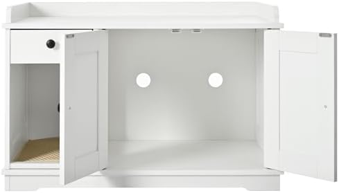 Montary Multi-Use Cat Litter Enclosure Box with Storage Drawer & Cat Litter Mat,Hidden Litter Box Furniture,Farmhouse Style Wooden Pet House Side Cabinet, White