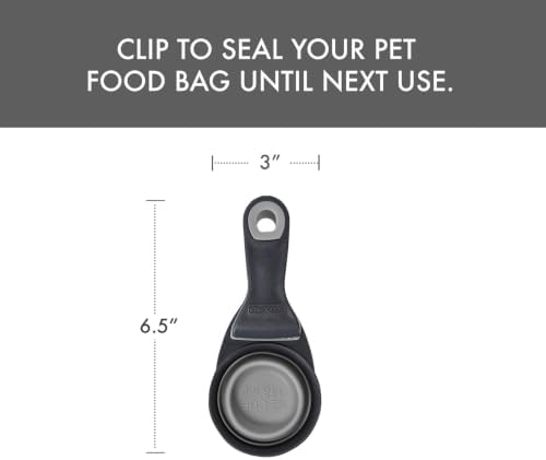 Dexas Popware for Pets Collapsible Klip Scoop, 3-in-1 Pet Food Scoop, Measuring Cup and Bag Clip, 1/2 Cup Capacity, Light Gray