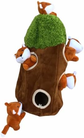 Fox in Tree Hide and Seek Dog Toy for Small and Medium Size Dogs, Plush Fox Inside Trunk Dog Toy with Squeaker, Interactive Burrow Dog Toy (Tree with Fox, Large)