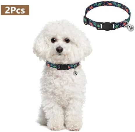 2 Pack Dog Collar Cartoon Dinosaurs Dog Collar with Bell, Adjustable Length 10.6" to 17.1"