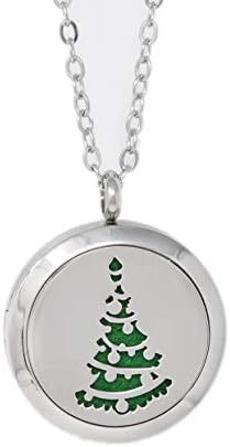 Aromatherapy Essential Oil Diffuser Stainless Steel 30MM Silver Magnetic Locket Pendant 2 Sizes Chain Necklace, Refill Pads & Diffuser Bracelet in a Velvet Bag (Christmastreewithornaments)