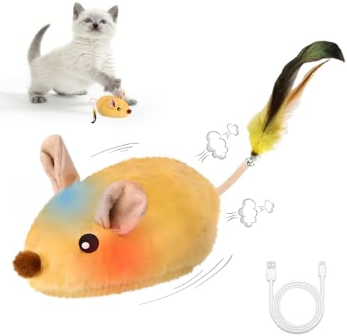 Interactive Mouse Cat Toy, Automatic Moving Fake Rat Mouse Cat Toy, Realistic Rechargeable Dog Mouse Toy with Sound & Feather & Bell, Prank Joke Scary Trick Rats for Cats Dogs