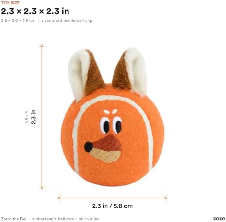 ZEZE Zorro the Fox Squeaky Dog Toy, Cute Plush Tennis Ball Dog Toy with Hidden Squeaker in Fox Ears, Soft Fetch & Chew Toy for Small to Medium Dogs & Puppies, Gift-Ready Designer Pet Toy