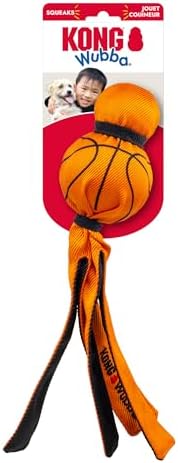 KONG Wubba Sport Dog Toy – Reinforced Tug & Toss Toy with Squeaker and Floppy Tails for Fetch & Interactive Play (Basketball, Large)