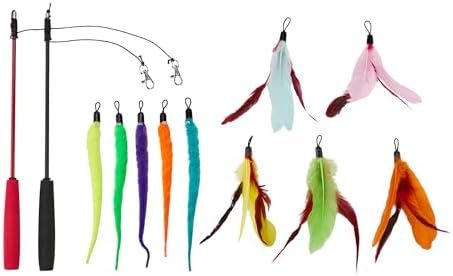 Amazon Basics Cat Feather Toy Kit with 2 Telescoping Wands and 10 Feather Attachments, Natural Feathers, for Adult Cats and Kittens