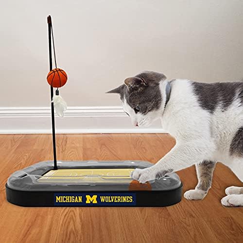 Cat Scratch Toy NCAA Michigan Wolverines Reversible Basketball Court Felt/Cardboard Cat Scratcher Toy. Interactive Cat Ball Bell in Tracks. 6-in-1 CAT Toy Cat Wand Poll Catnip-Filled Plush Basketball