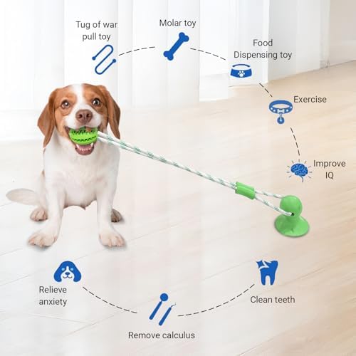 Dog Toy Suction Cup Tug of War, Interactive Chew Toy for Aggressive Chewers, Puppy Teething & Teeth Cleaning, Treat Dispensing Puzzle Ball, Rope Toys for Dogs - Green
