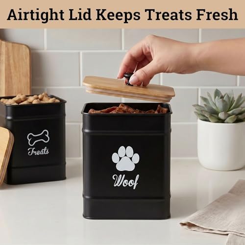 Dog Treat Container Airtight Set of 2 - 8x6 & 7x5 inch Iron Dog Treat Jars for Kitchen Counter with Airtight Bamboo Lids - 20 Cup Capacity Pet Treat Container Set - Doggie Cookie Jar - Treats Canister