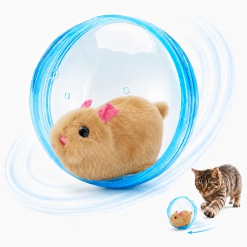 Self Rolling Interactive Cat Ball, Automatic Moving Cat Toy with Plush Animal Inside, 360° Rolling Cat Chasing Ball with Transparent Ball for Cats Dogs Small Pets (Blue,Brown Mouse)