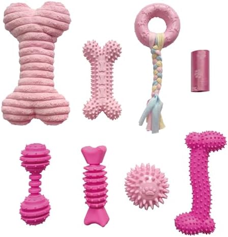 PetLike 8PCS Puppy Teething Toys Set - Interactive Dog Chew Toys with Ball & Cotton Ropes Safe & Durable Teething for Small Puppies (Pink)