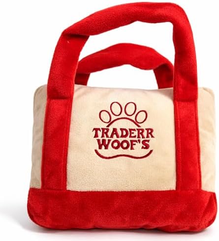 Traderr Woof's Squeaky Designer Dog Toy for Medium to Large Dogs – Soft Stuffed Plush with Squeaker, Embroidered Parody Dog Mom Gift for Dog Owners & Dog Lovers, 8"x6"