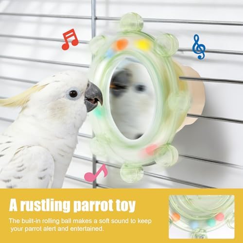 2pcs Bird Mirror Toy for Cage, Rotating Bird Mirror with Rustling Balls Embedded Interactive Birdcage Hanging Pet Accessories for Parakeet Budgie Lovebird Canaries Conures Perch Cockatiels