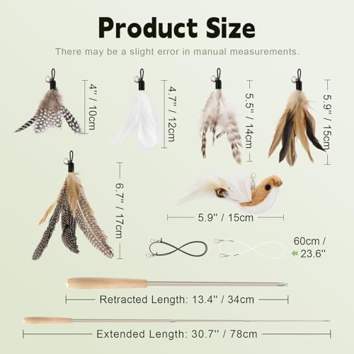 SONGWAY Interactive Cat Feather Toys - Cat Wand Toy Set with Retractable Teaser Wand and 6 PCS Natural Feather Refills, Da Bird Cat Toys for Indoor Cats Kittens