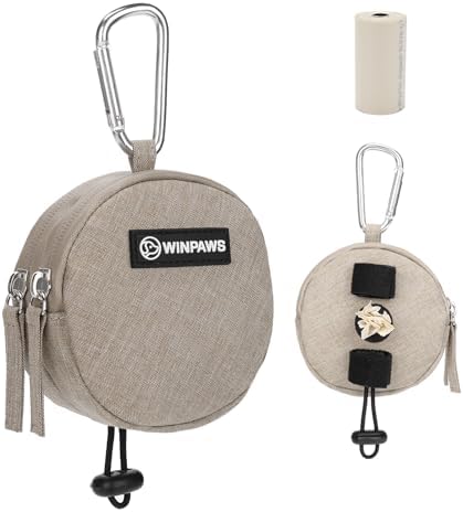 Dog Poop Bag Holder for Leashes- Dog Treat Pouch with Waterproof Zipper,Puppy Training Small Bag with Carabiner & Bungee Toggle,Two Pockets for Dry or Wet Treats-Pet Travel Walking Essentials (Khaki)